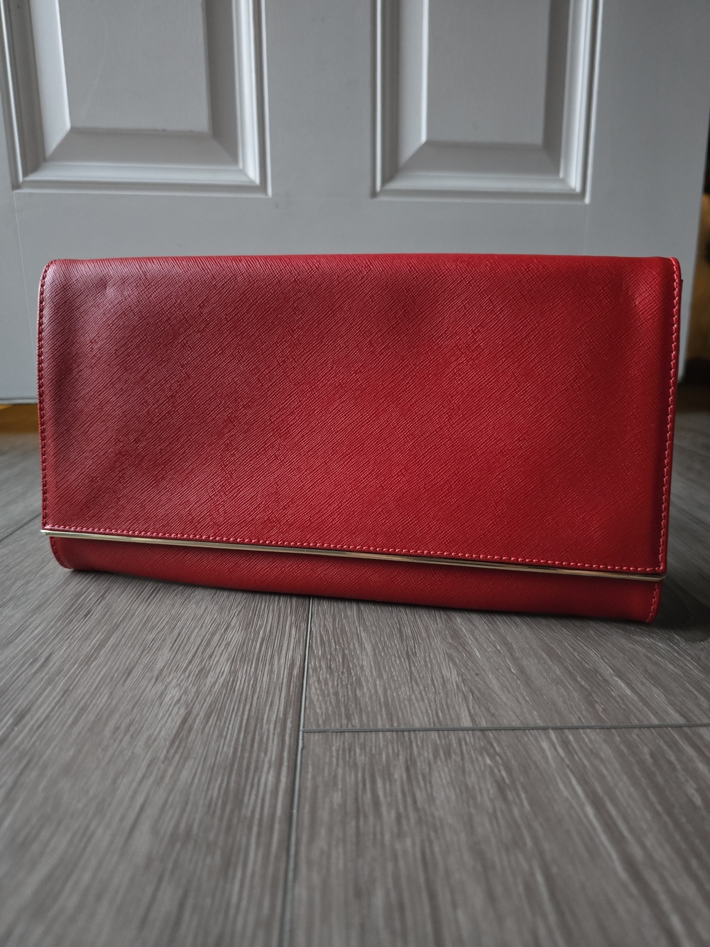 Abro Red Saffiano Leather Oversized Envelope Clutch Gold Bar Trim Evening Bag
